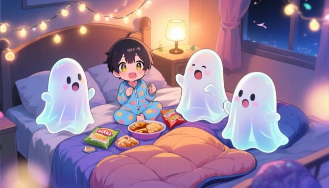 4 little ghosts having a traditional children's slumber part...