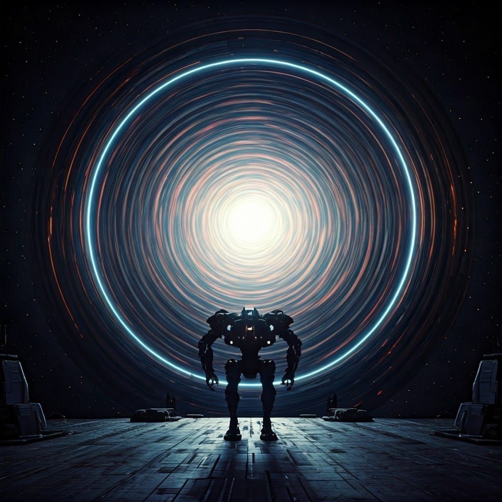 Cosmic Portal Connects Worlds with Futuristic Mech