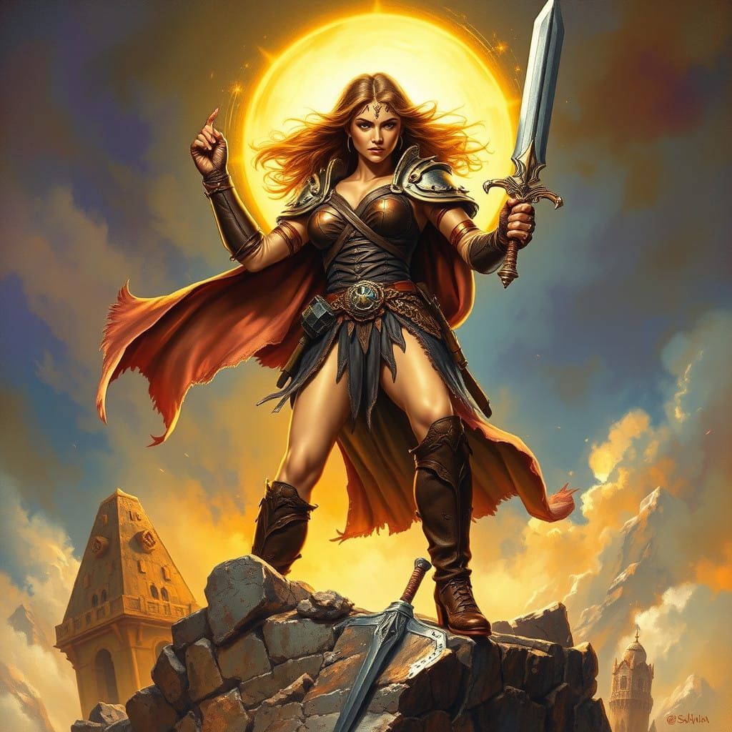 Fantasy Heroine Triumphant Amid Ancient Ruins