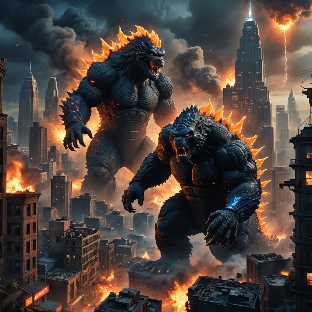 Godzilla vs King Kong in Ruined Cityscape