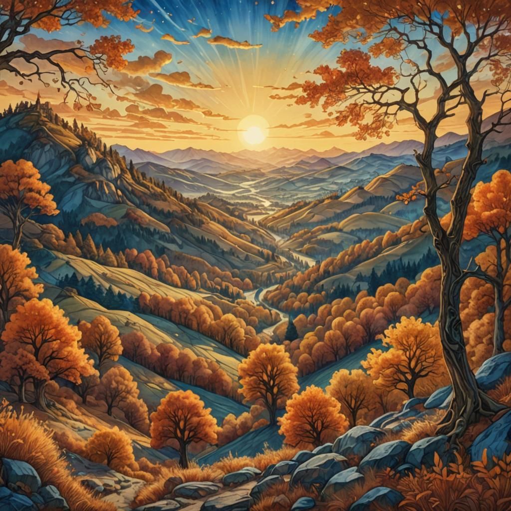 Autumn Sunset Landscape: Digital Watercolor Illustration