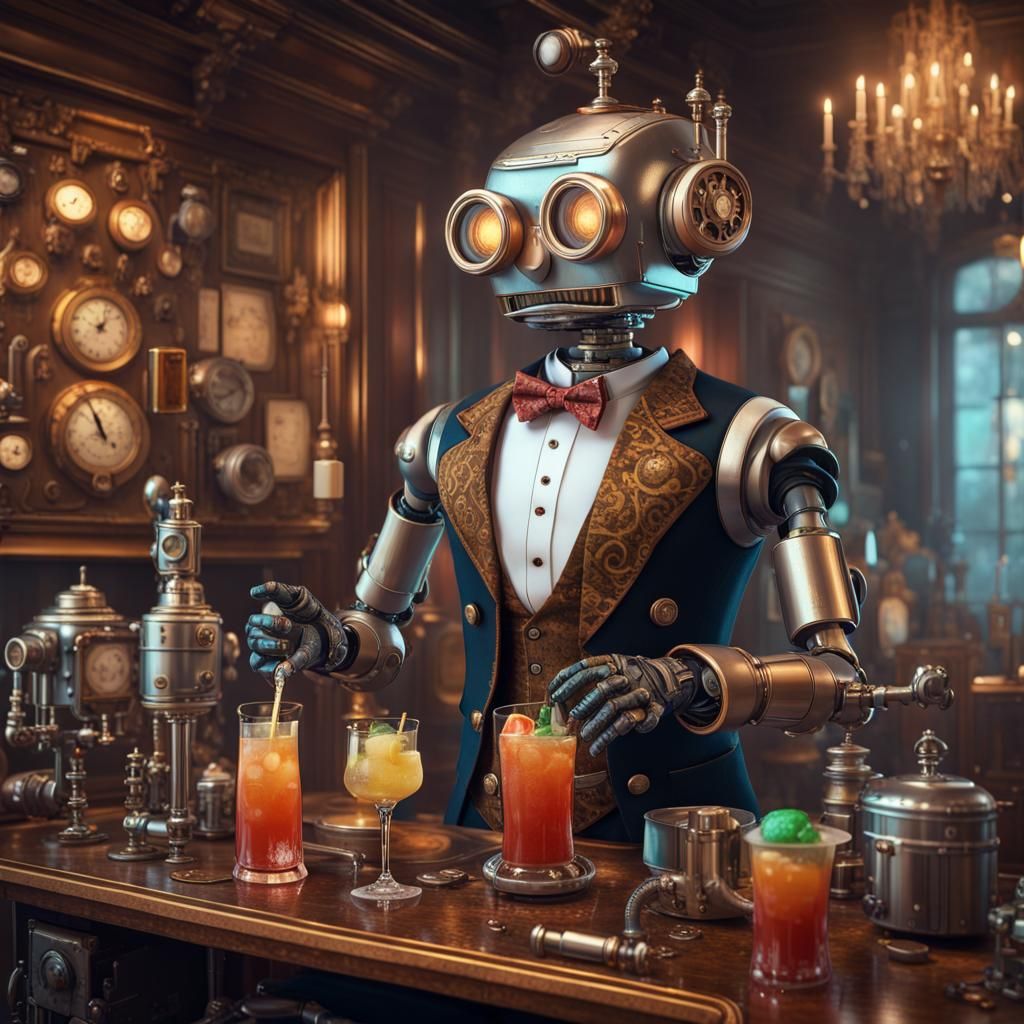 Steampunk Robot Butler in Crowded Manor