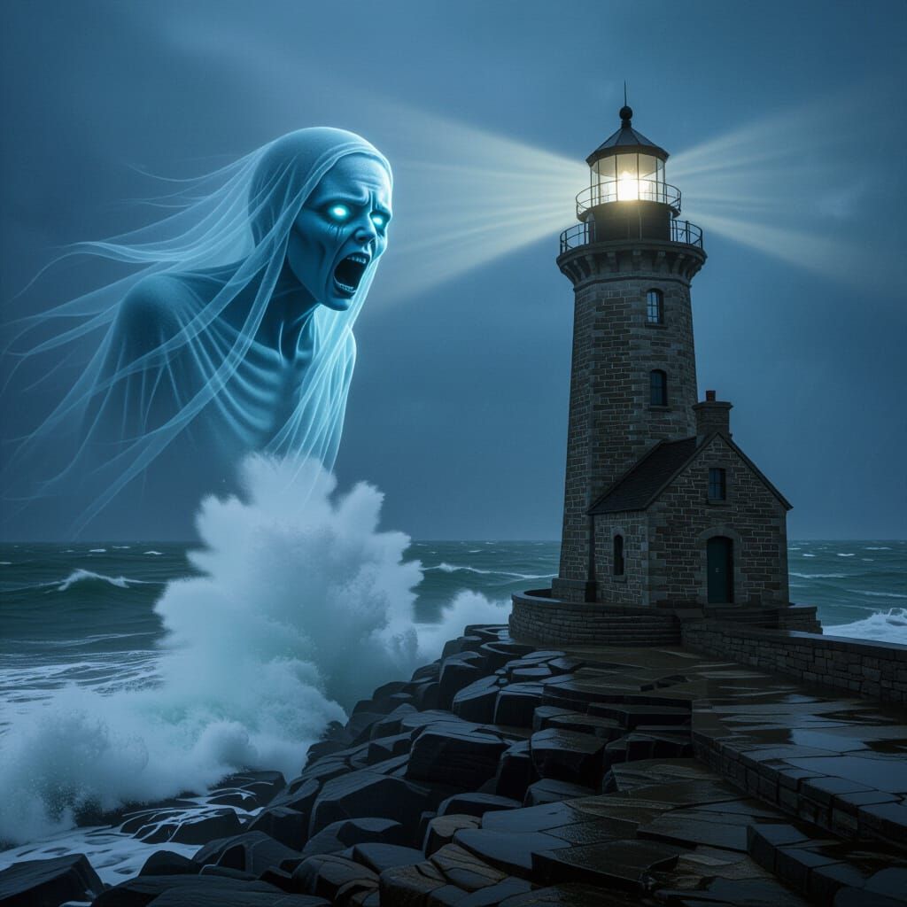 Photorealistic Banshee by Lighthouse in Dark Fantasy Storm