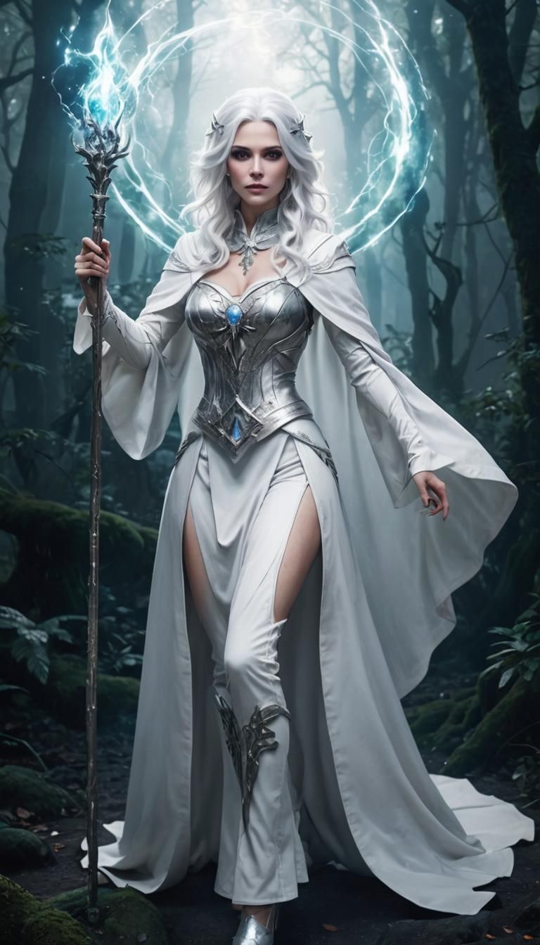 Magical White-Haired Sorceress in Dark Forest