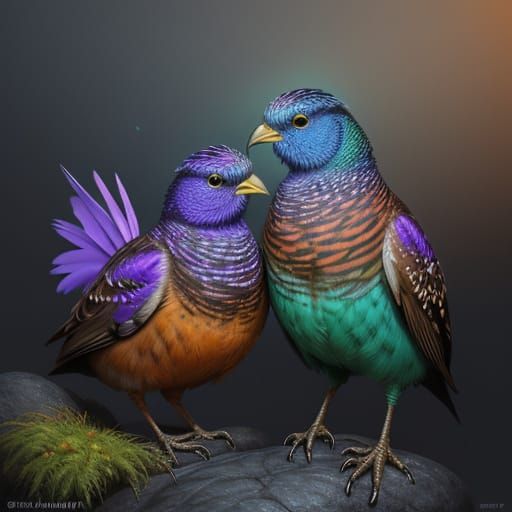 Quails in Forest with Iridescent Lighting