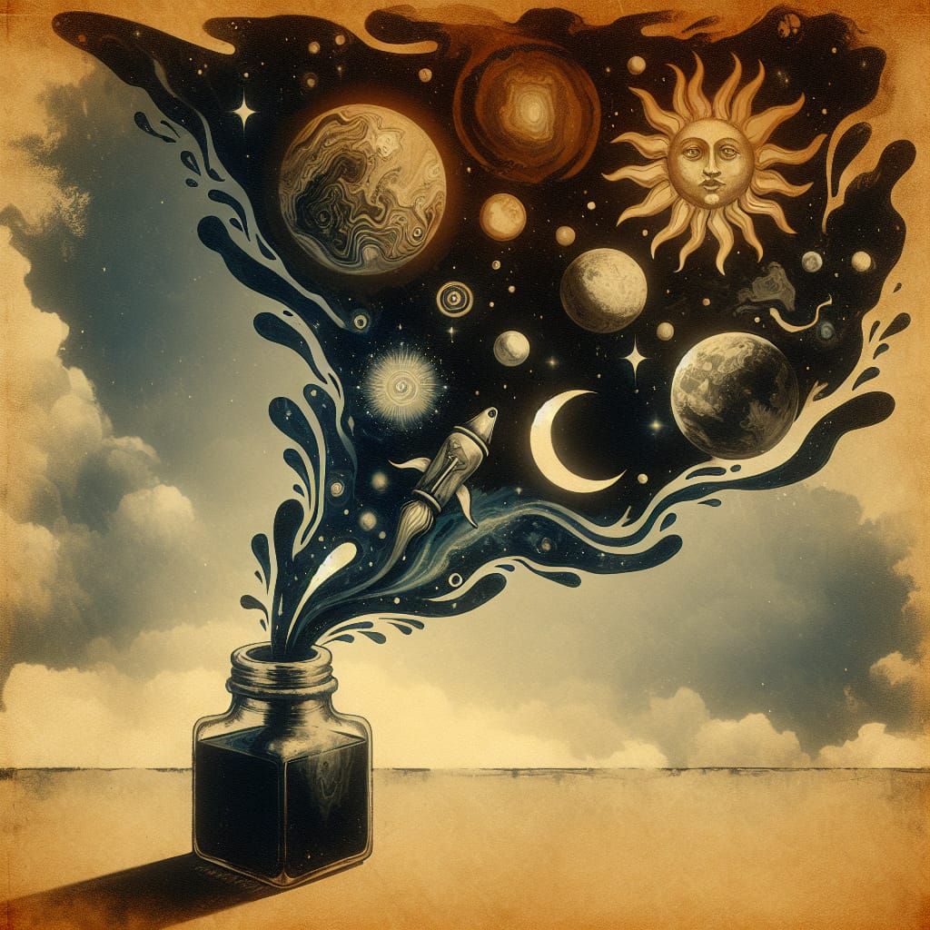 Surreal Ink Wash Painting: Celestial Bodies Descend
