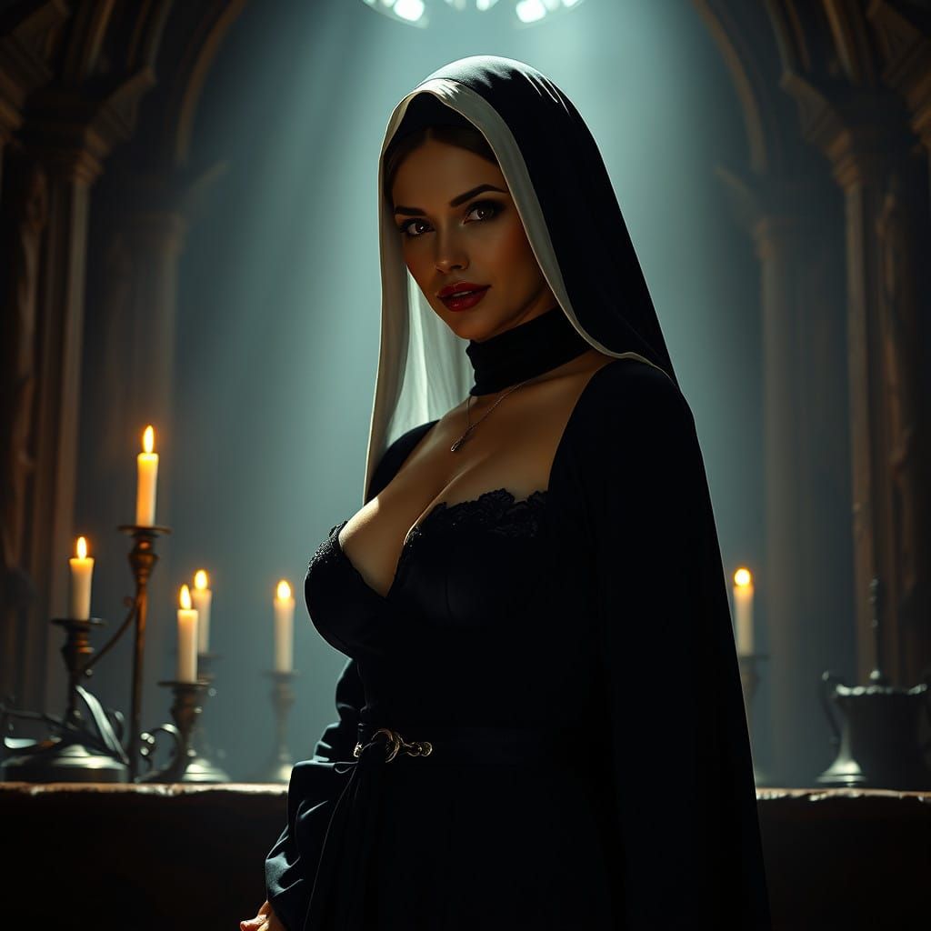 Dark Fantasy Nun at Ancient Altar: A Seductive, Mystical Sce...