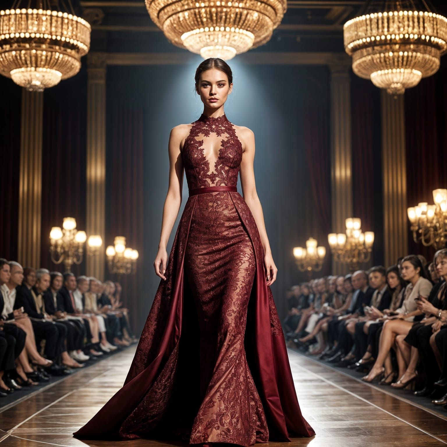 Glamorous Model Struts Down Runway in Haute Couture Lace Gow...