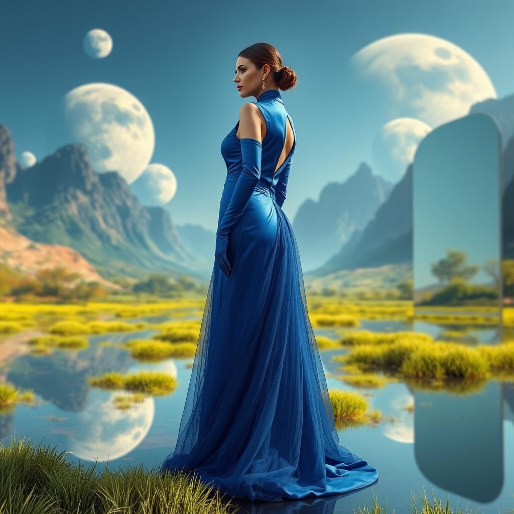 Royal Blue Modest High Neck Satin Plus Size Elegant Long Sle...