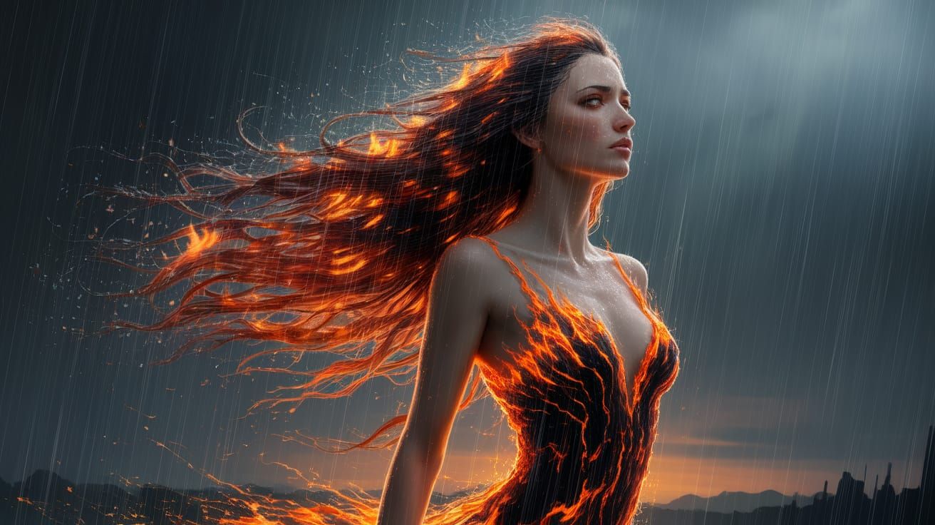 Woman with Fiery Hair in Rainy Landscape