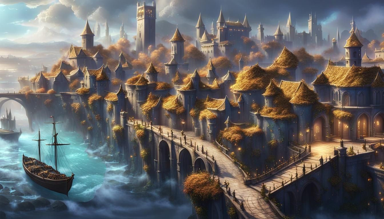 Magical Port City in the Brambles, Fantasy Art