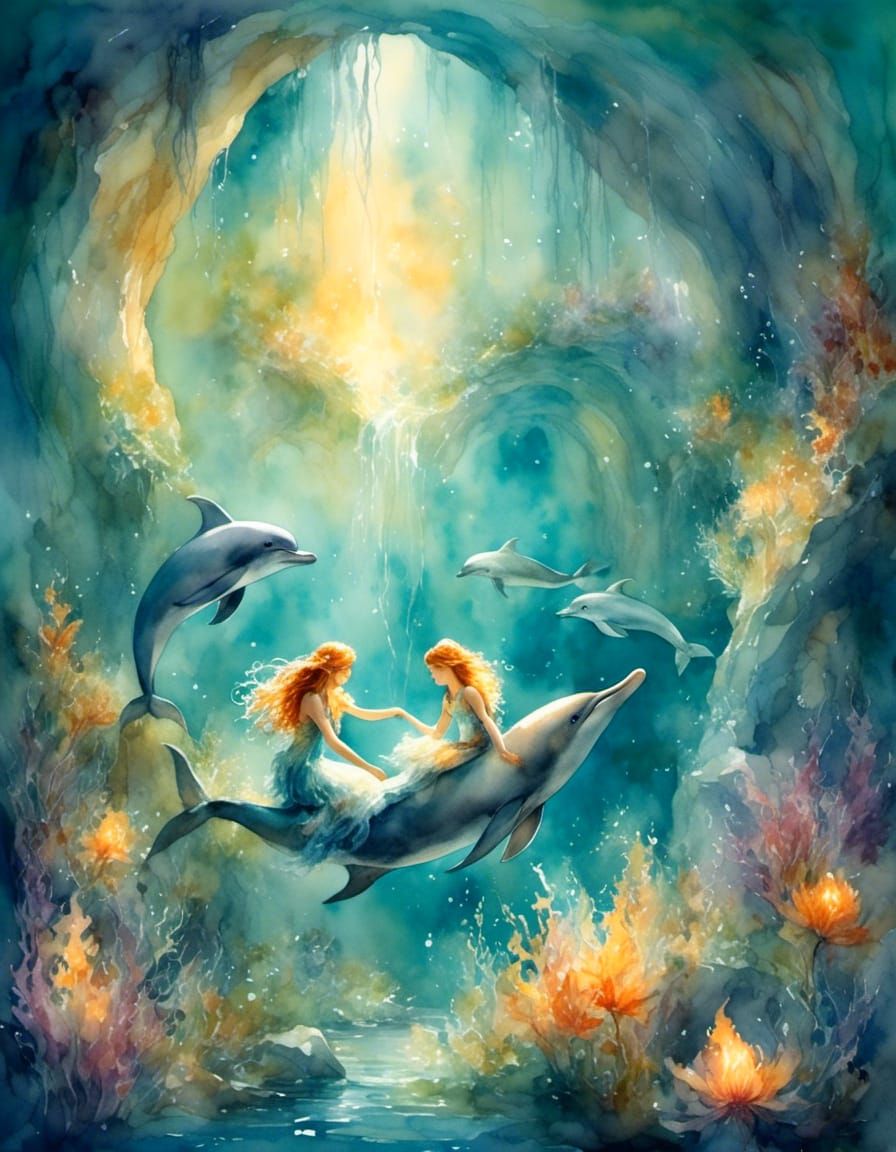 Sunlit Underwater Cave: Mermaids and Dolphins