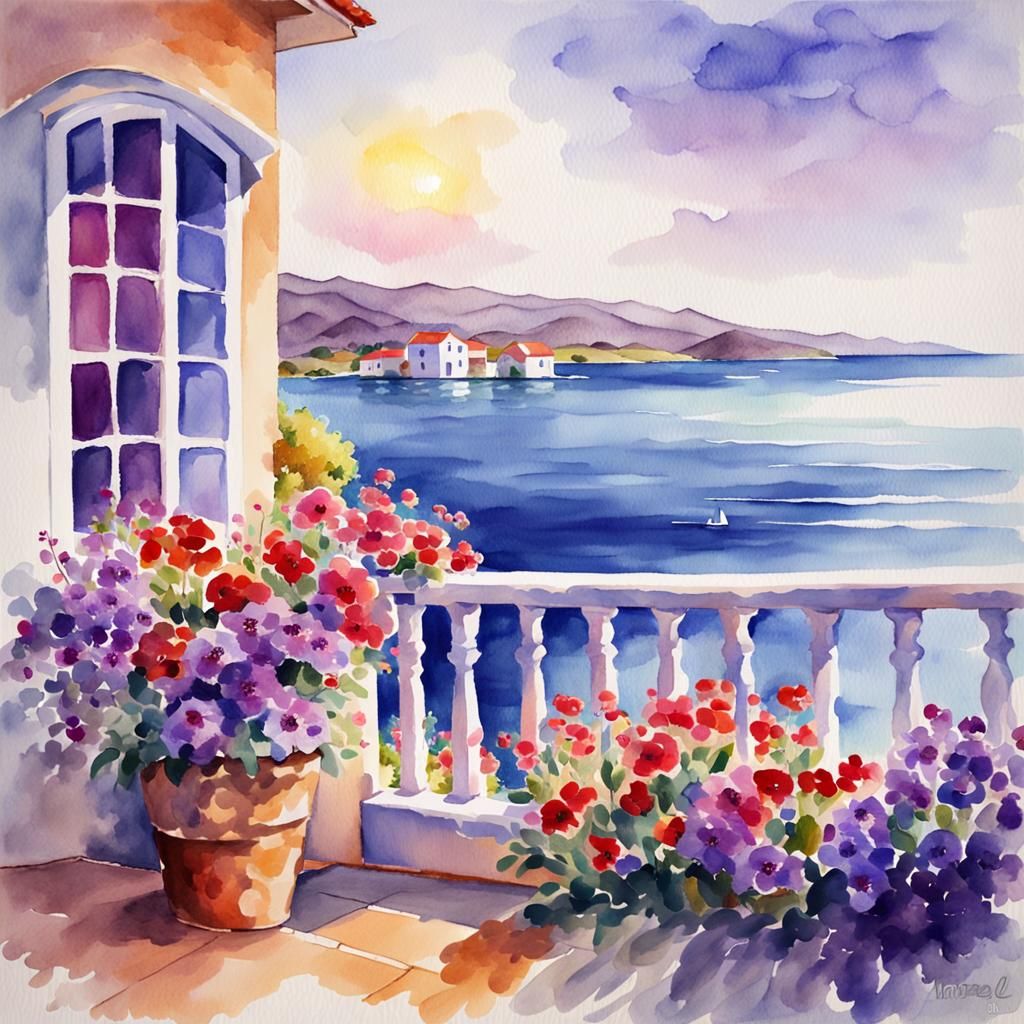 Seaside Stone House with Flowers in Fauvist Watercolor
