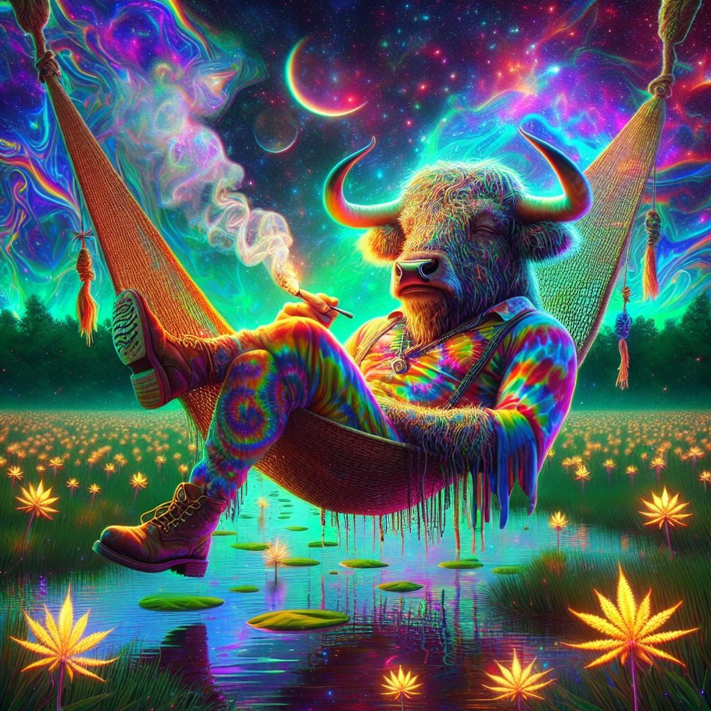 Psychedelic Bull Hippie in Marsh with Cannabis