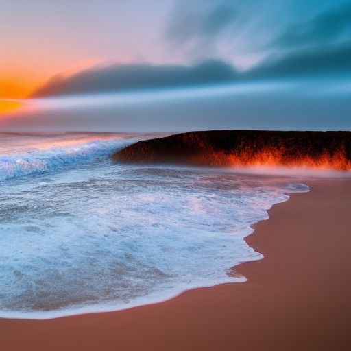 Misty Sunset Waves Crashing on the Shore