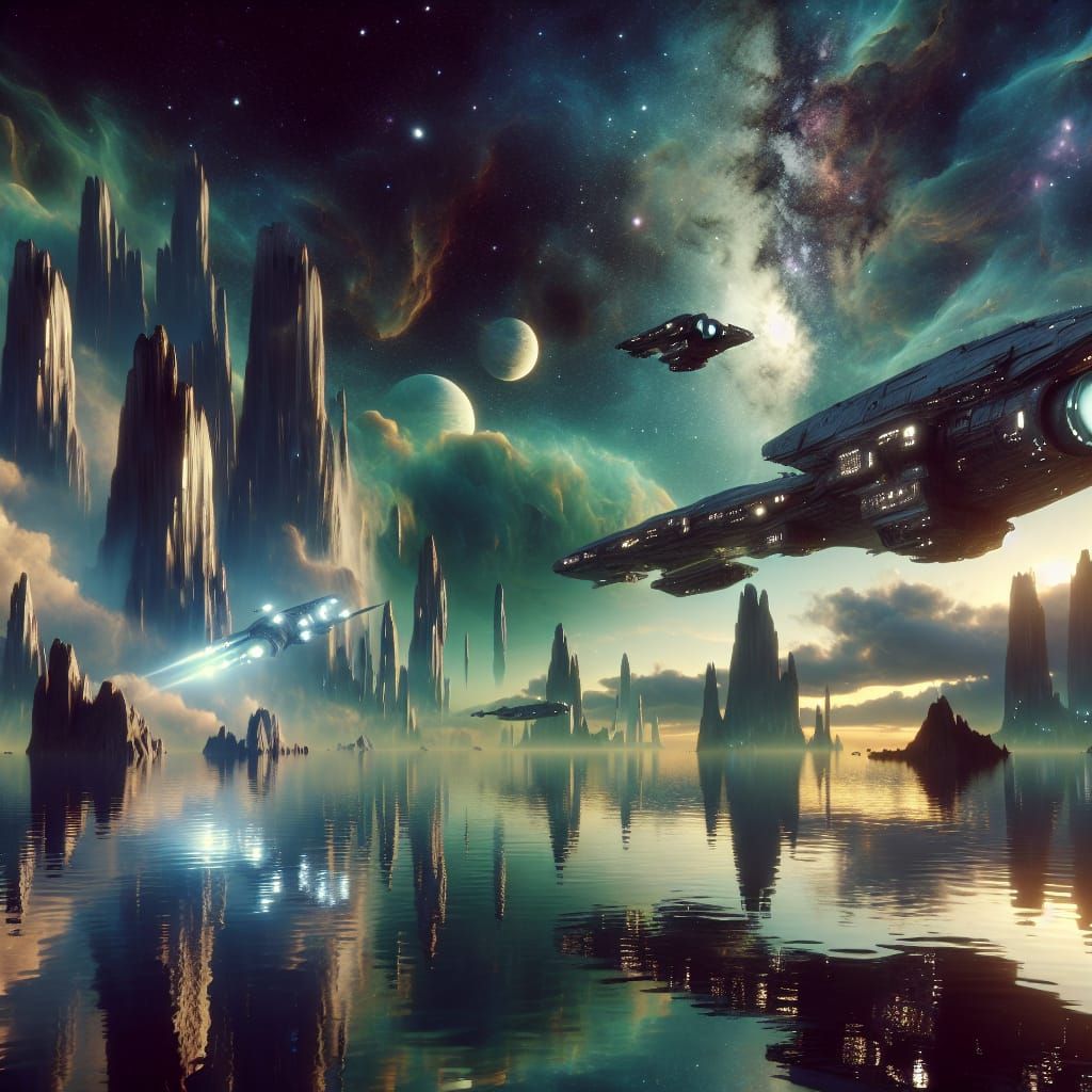 Futuristic Spaceships Over Alien Landscape: Sci-Fi Scene