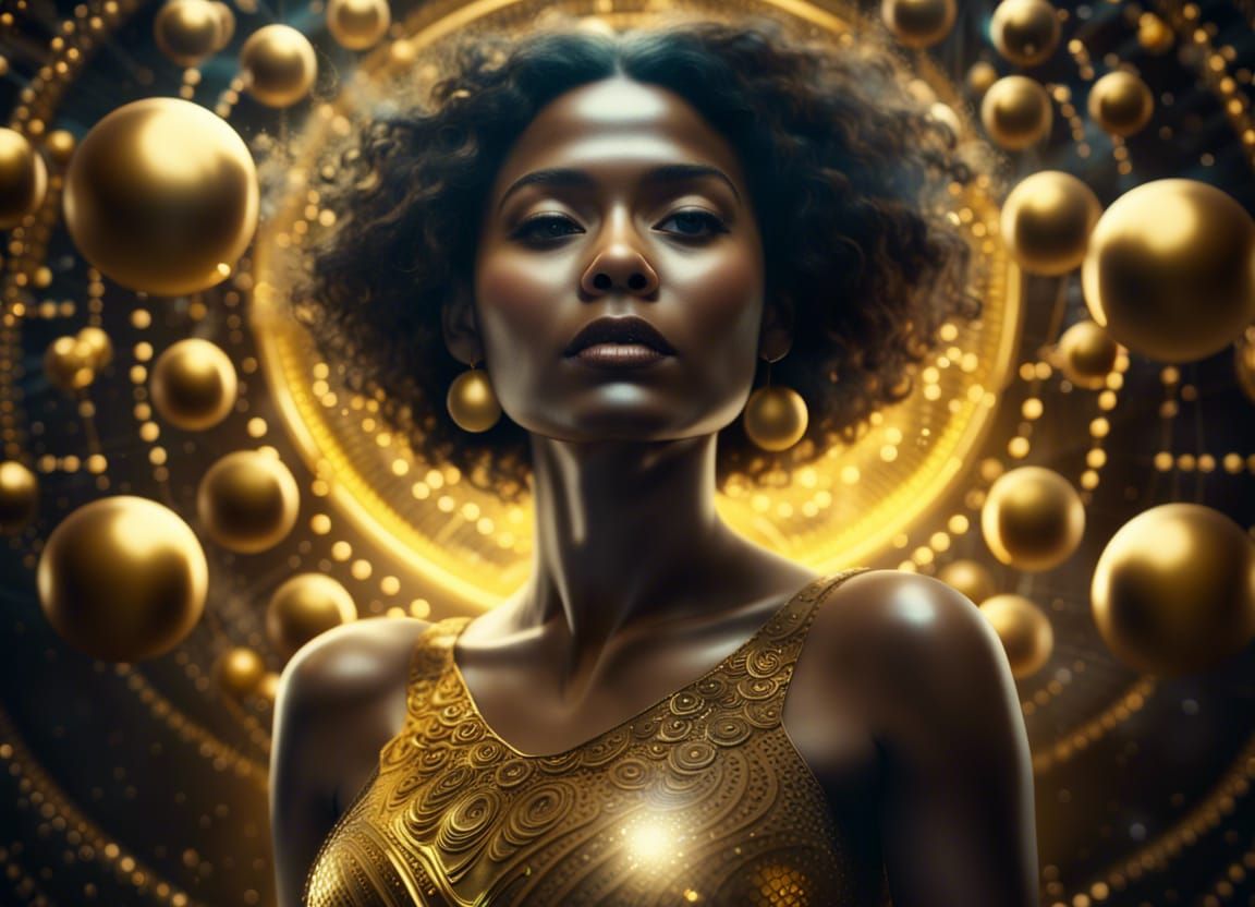Golden Woman Surrounded by Energy Spheres
