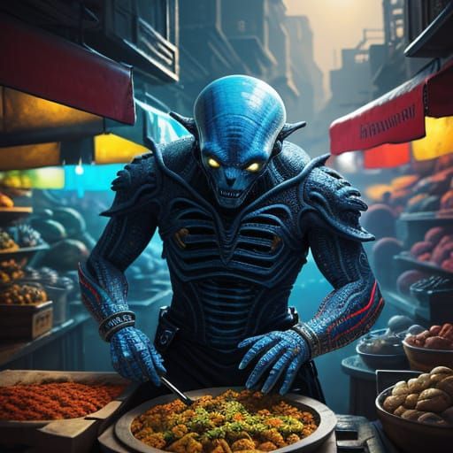 Alien Merchant in a Vibrant Market