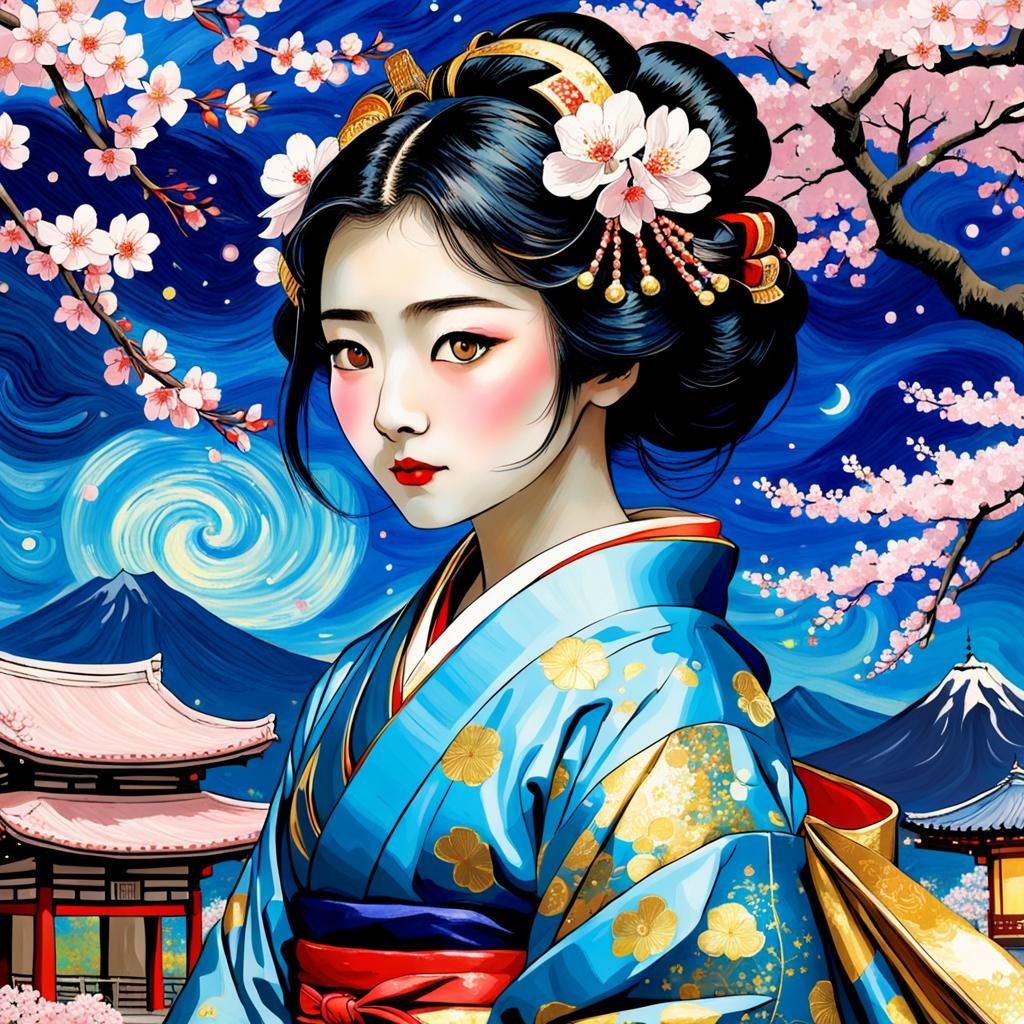 Geisha in Spring: A Dreamlike Klimt-Van Gogh Fusion
