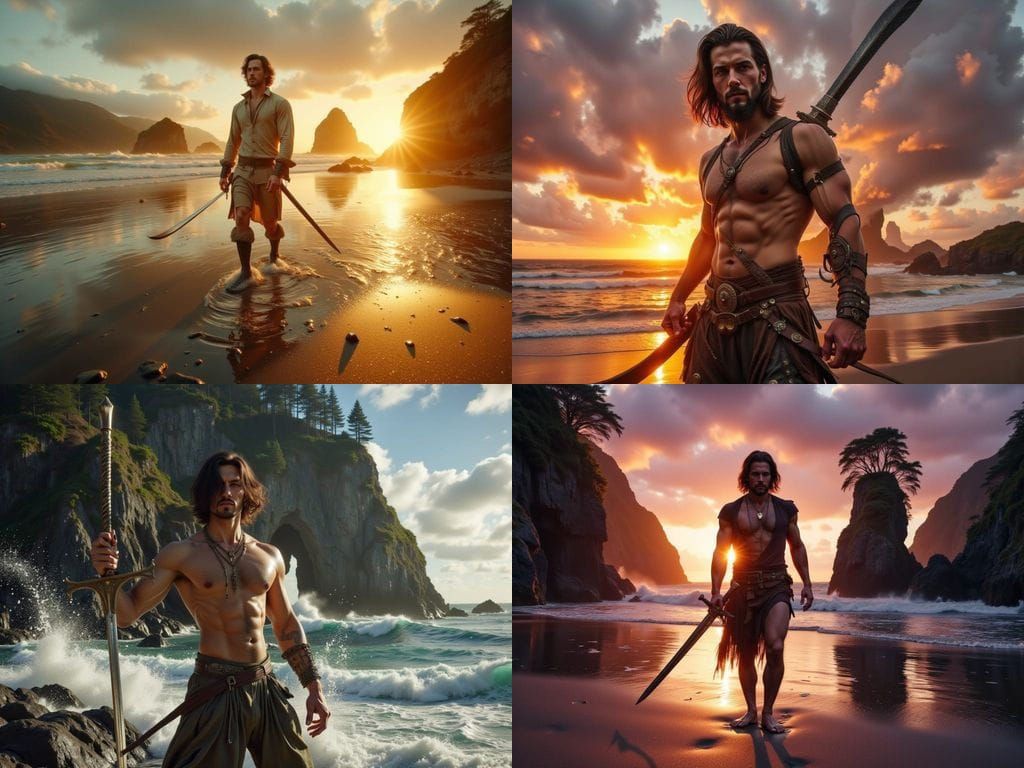 Muscular Man Wielding Sword on Beach