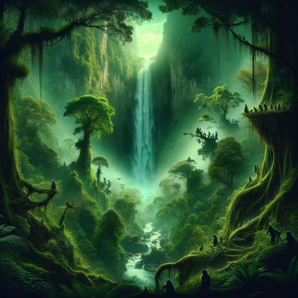Ethereal Jungle Waterfall Scene in a Mysterious Green Aesthe...