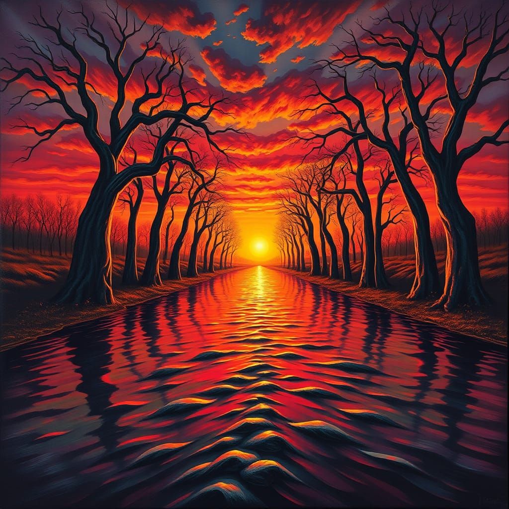 Sunset River with Twisted Trees in Surrealist Style
