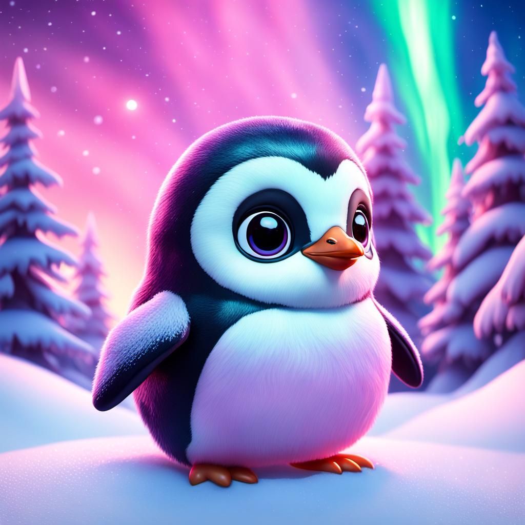 Chibi Penguin with Pink Northern Lights