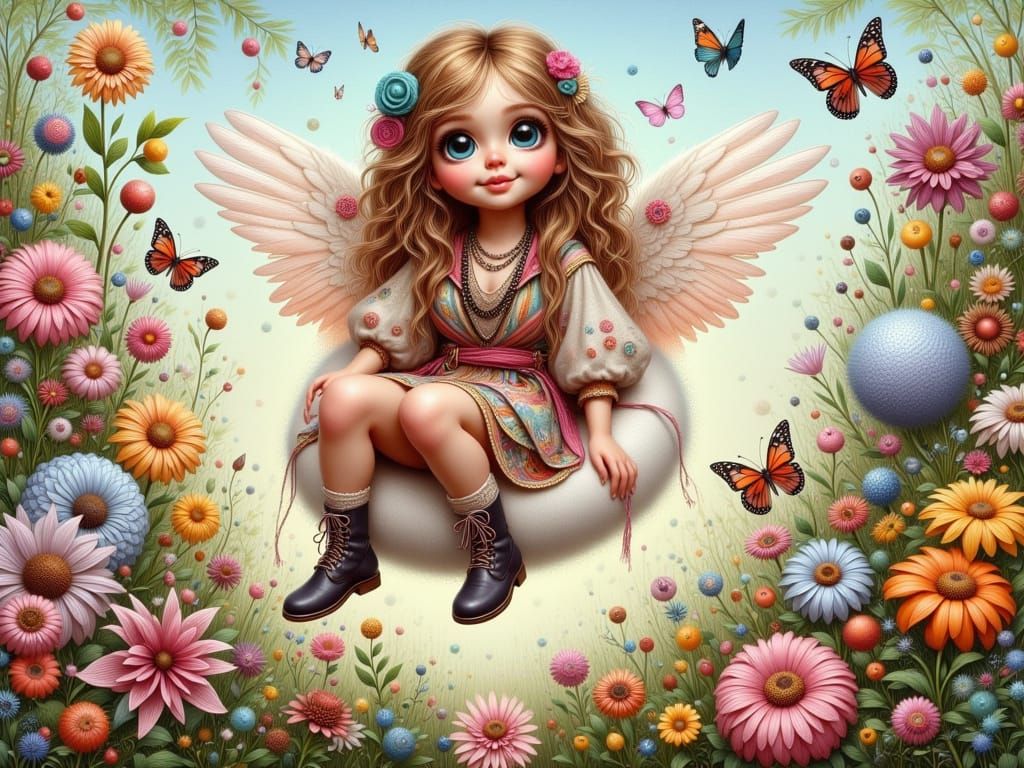 Whimsical Bohemian Angel in Dreamy Cloudscape