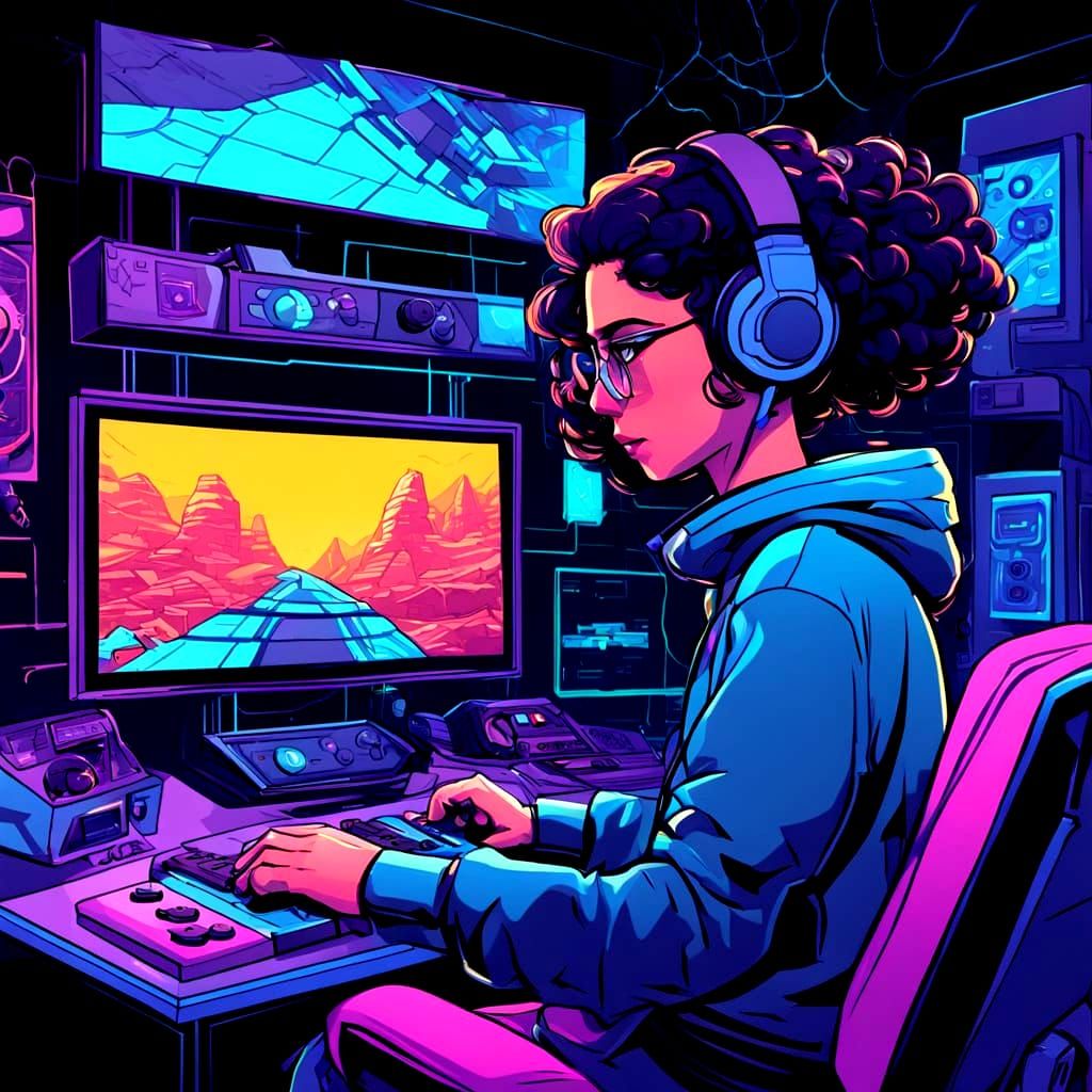 Girl Playing Video Game in 2D Cartoon Style