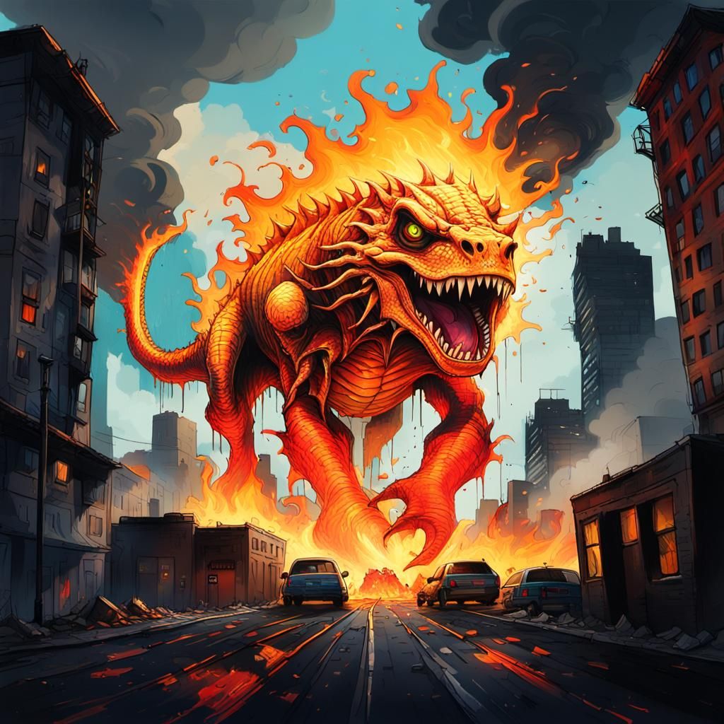 Giant Reptilian Monster Amidst Urban Chaos