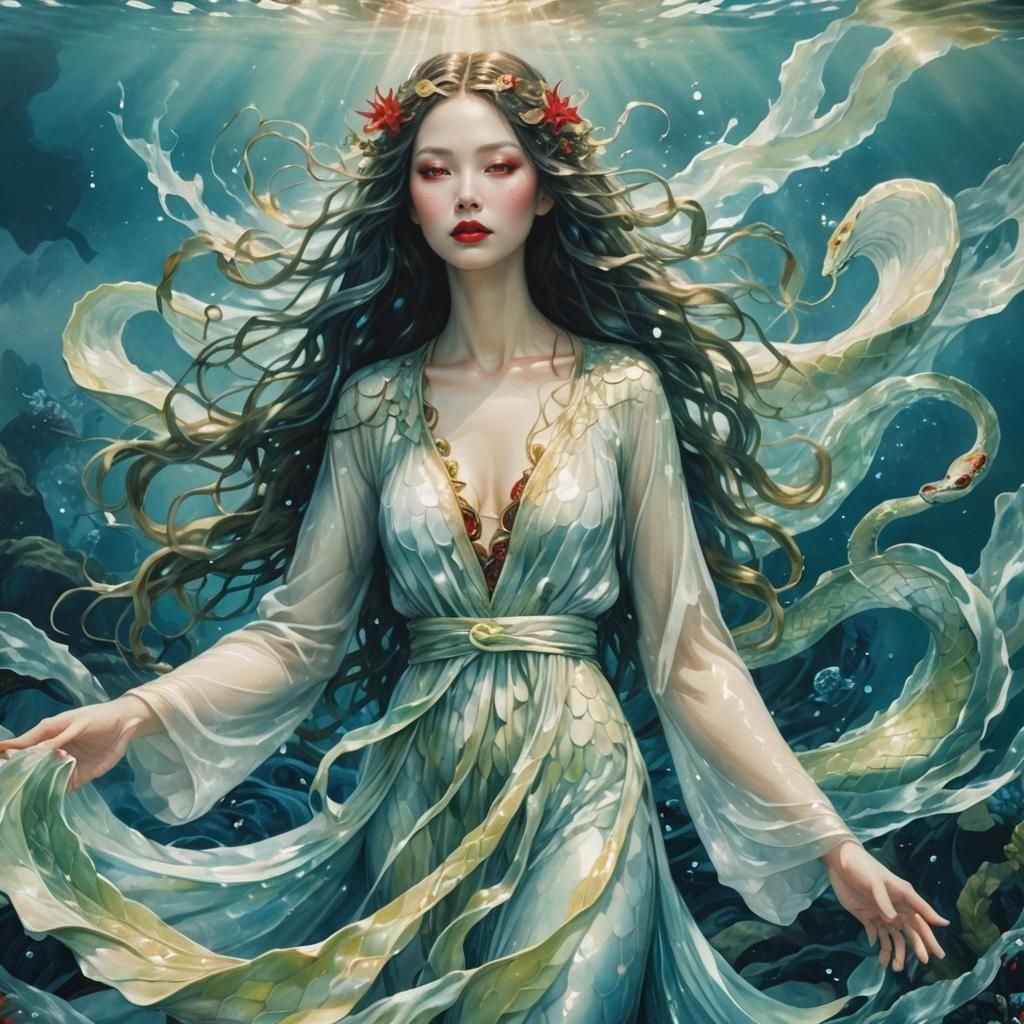 Water Goddess with Red Lips and Snake Eyes