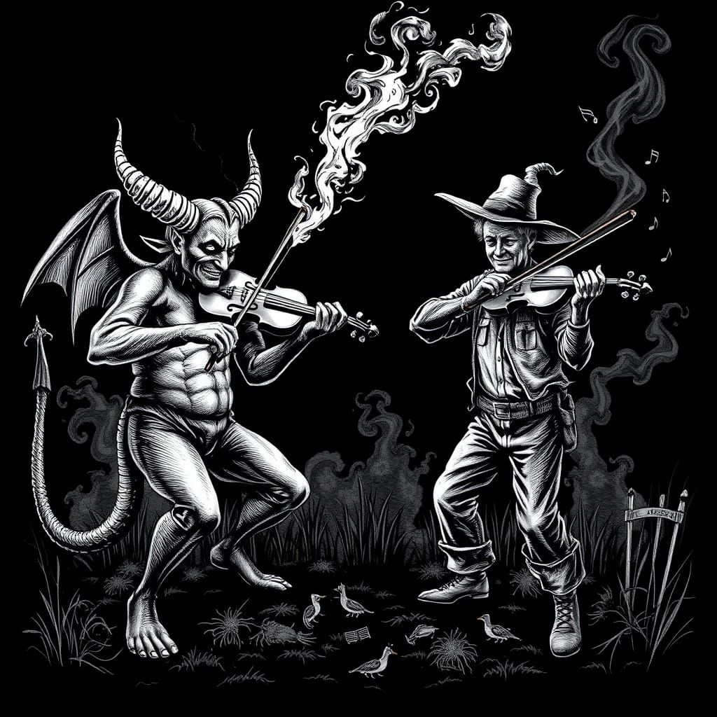 Devil and Farmhand in Fiddling Duel, High Contrast