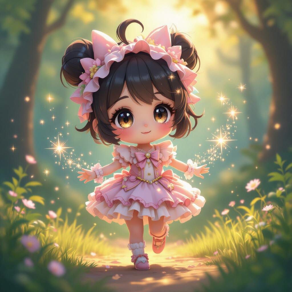Cute Anime Character in Magical Forest, 3D Style