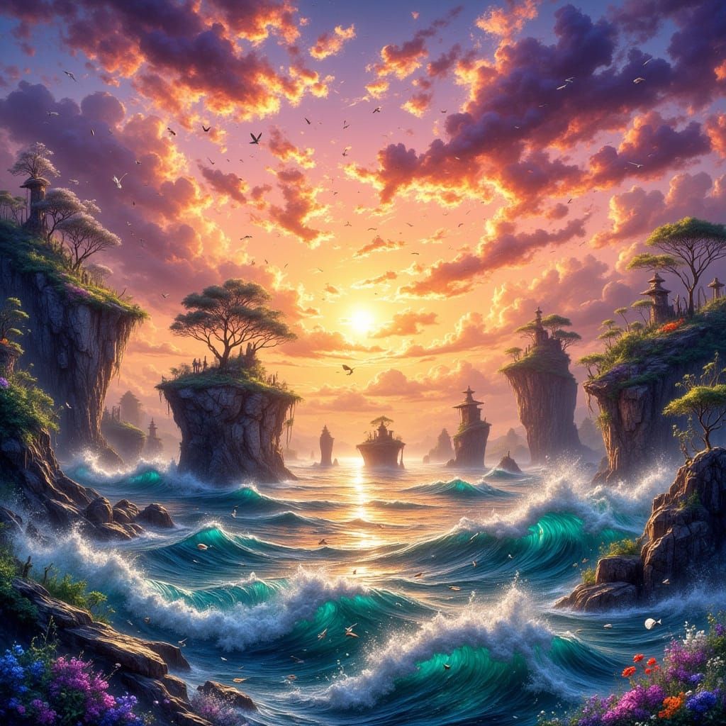 Floating Islands Ocean Sunset Fantasy Concept Art