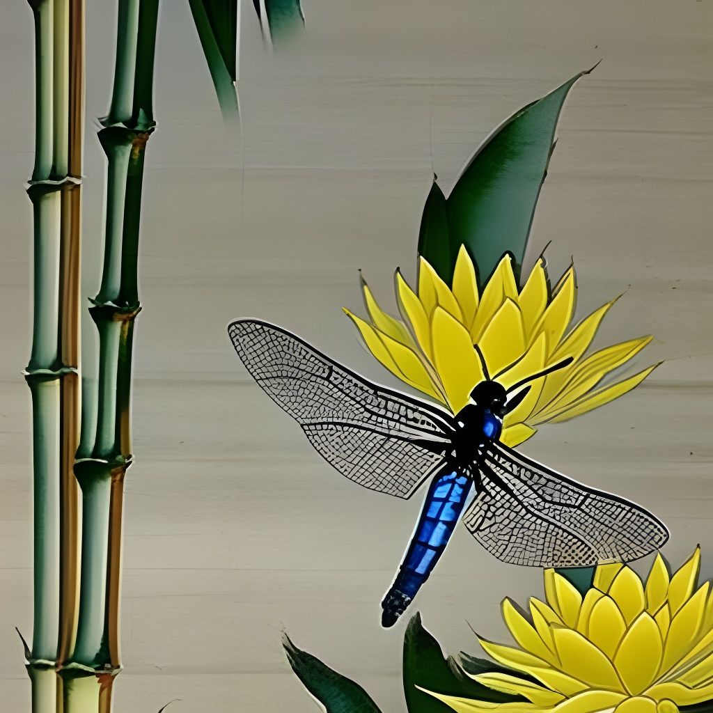 Dragonfly, Lotus, and Bamboo in Watercolor Style