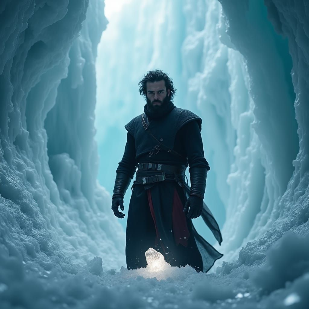 Man in Ice Cavern with Glowing Crystal
