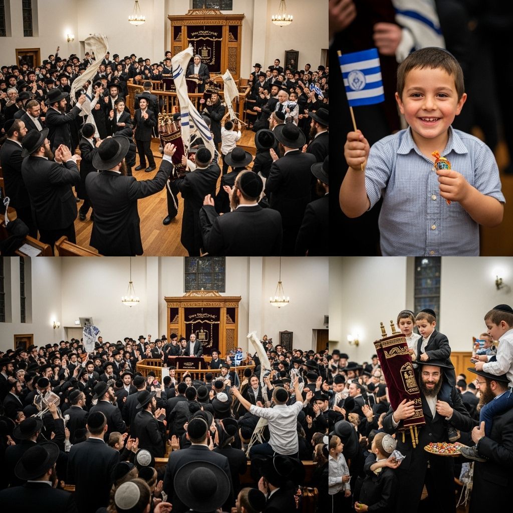 Joyful Simchat Torah Celebration in Orthodox Synagogue