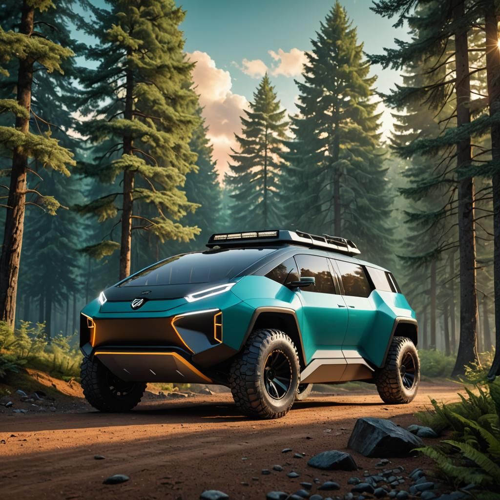 Futuristic Off-Road Electric Van Concept in Comic Book Art S...
