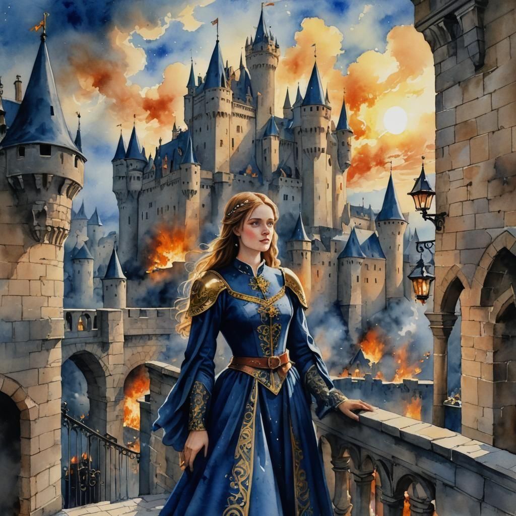 Burning Castle During Medieval Battle: Watercolor Style