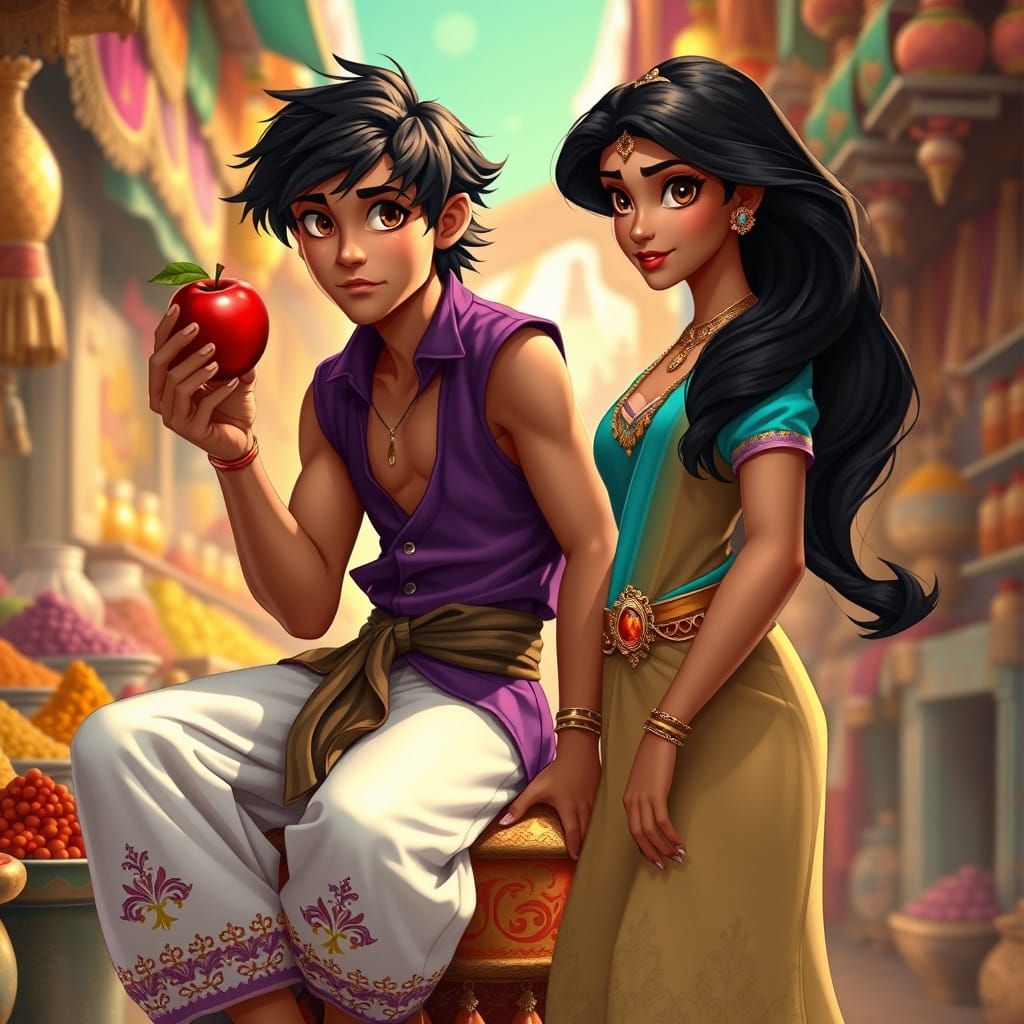 Elegant Aladdin Sits in a Vibrant Marketplace