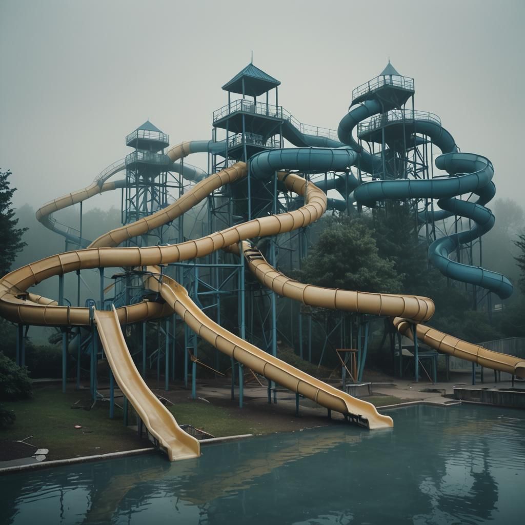 Eerie Abandoned Water Park in Dense Fog