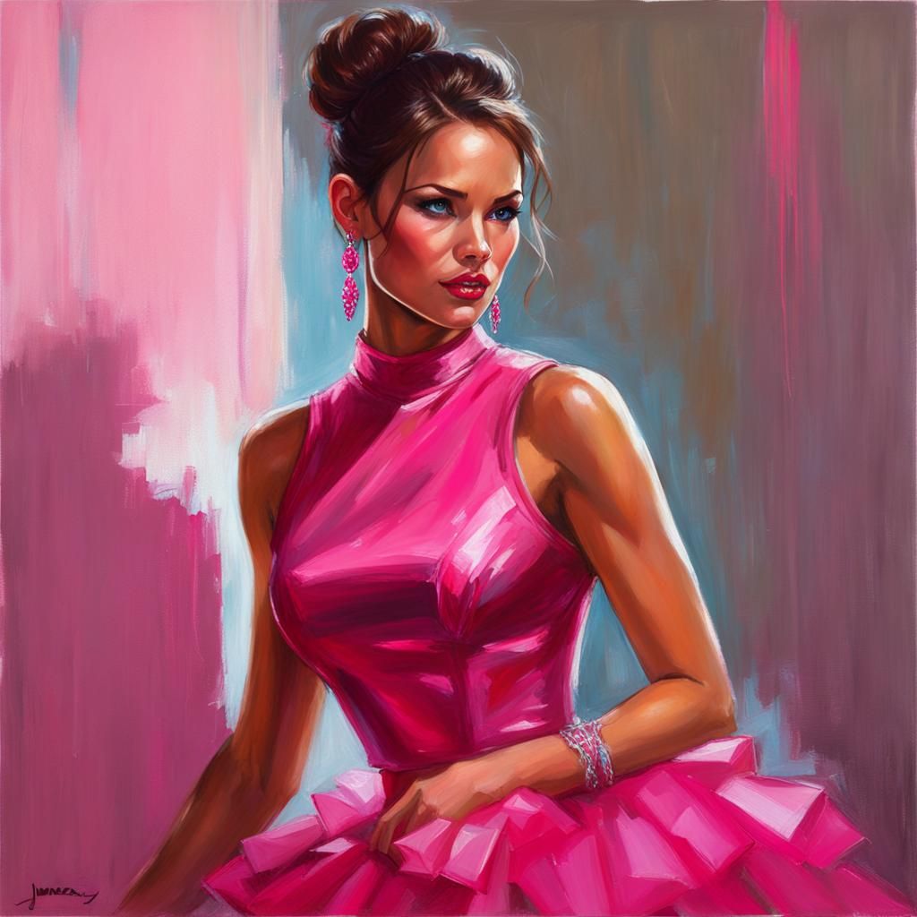 Lara Croft in Pink Iridescent Prom Dress as Oil Painting