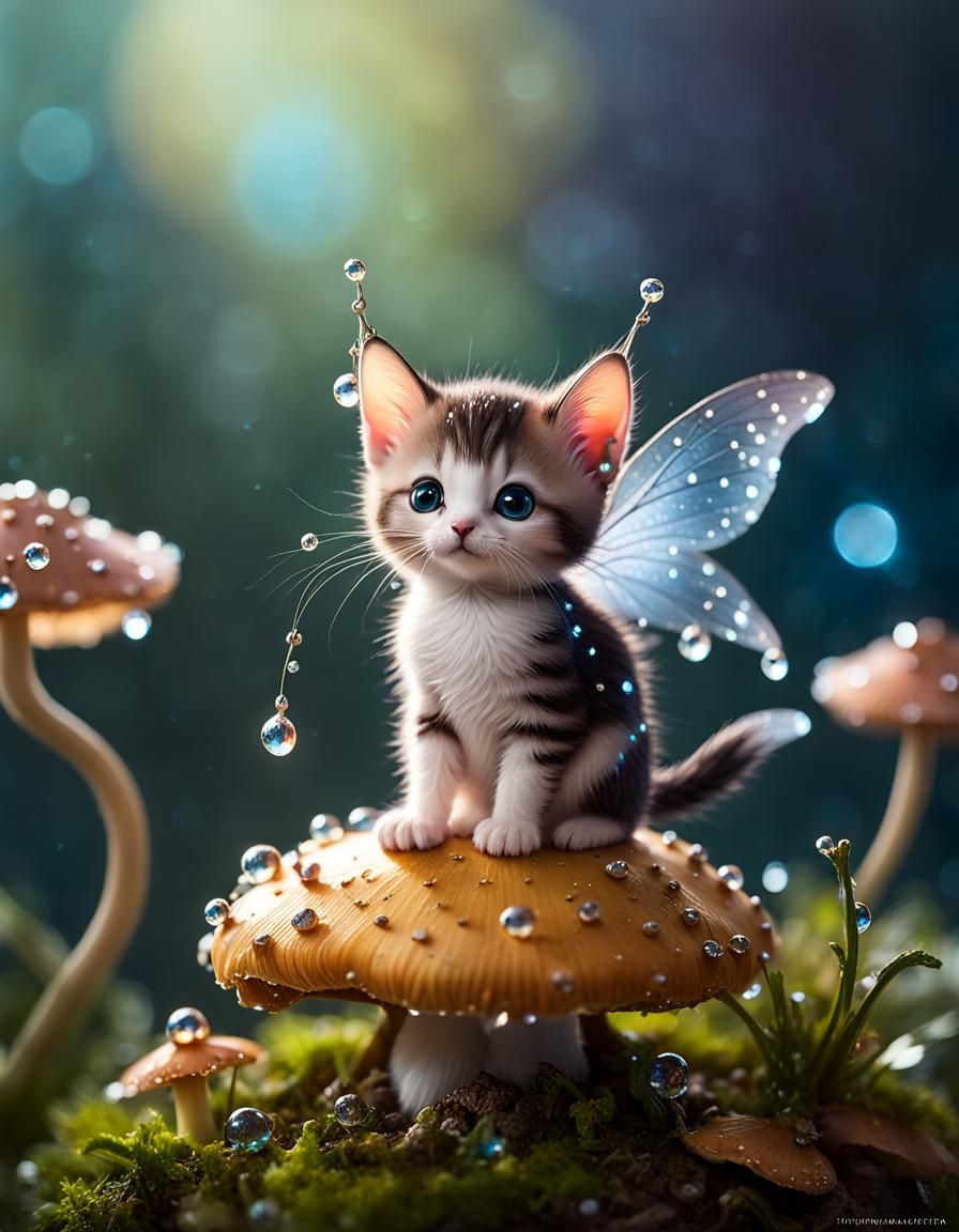 Fairy Kitten on Mushroom in Macro Photography