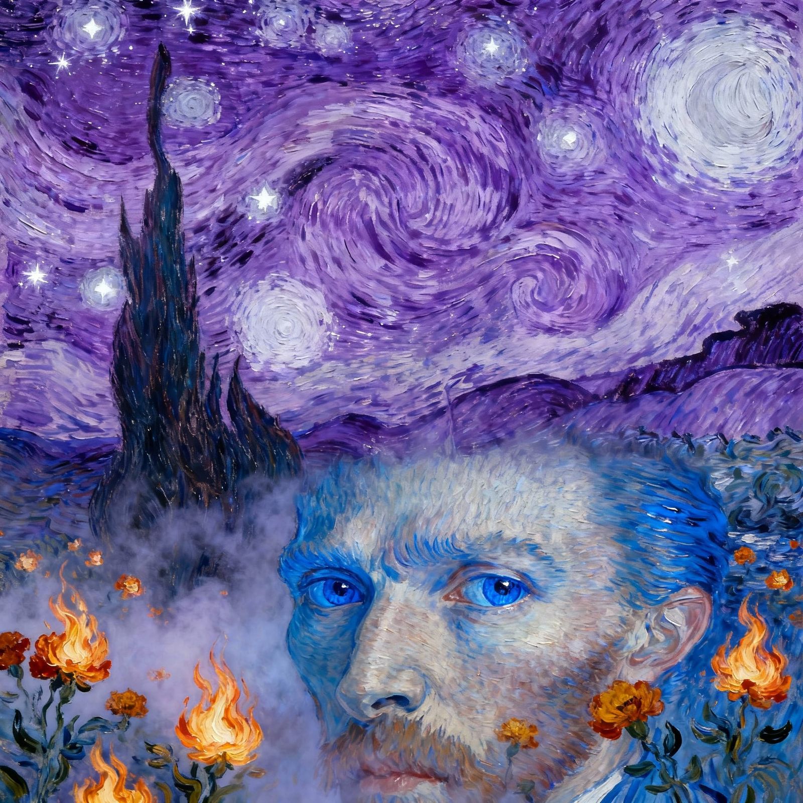 Starry Night with Flaming Flowers and Violet Clouds