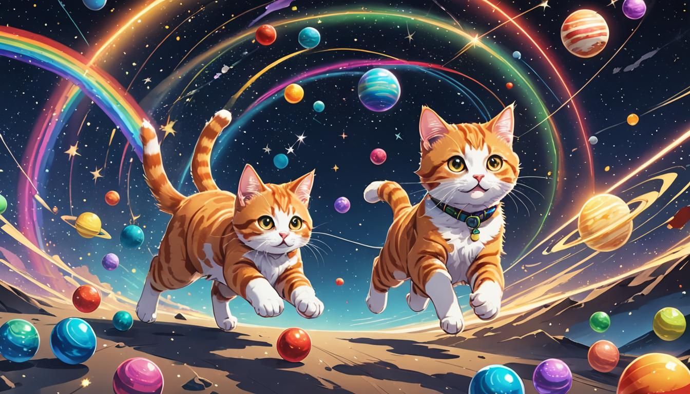 A ginger cat chasing some colourful balls in the space with a few colourful planets with rainbow bridge connecting. Line...