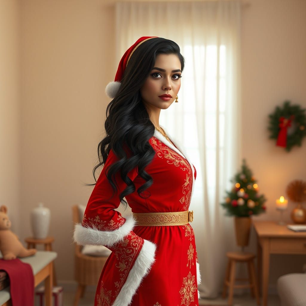 Ethereal Afghan Woman in Red Santa Dress, Serene Minimalist....