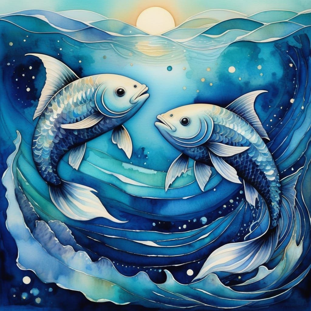 Two shimmering fish, scales like opalescent moonlight, drift in an ethereal ocean. One swims towards starlit depths, the...