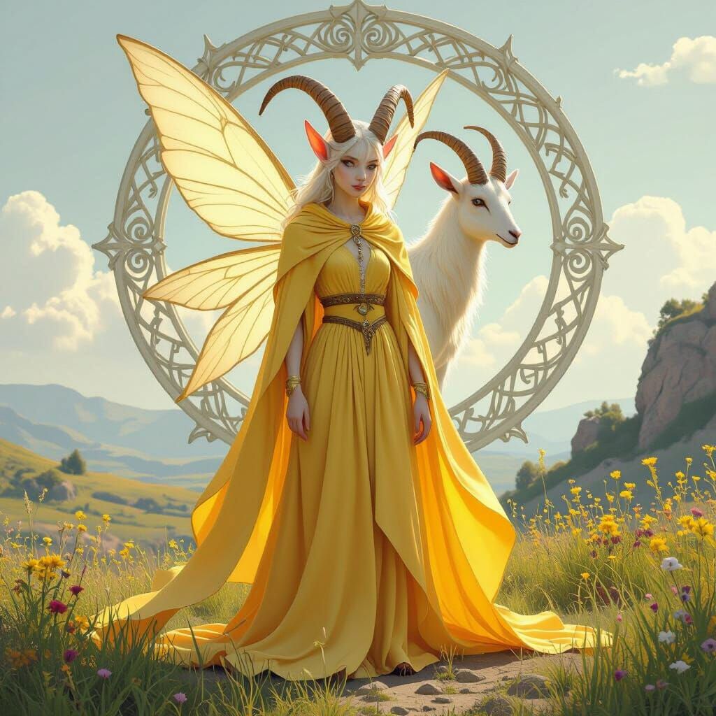 Fairy with Capricorn Symbol in Serene Landscape