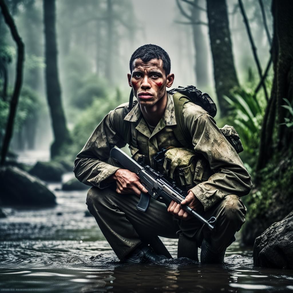 Soldier's Thousand Yard Stare in Foggy Jungle