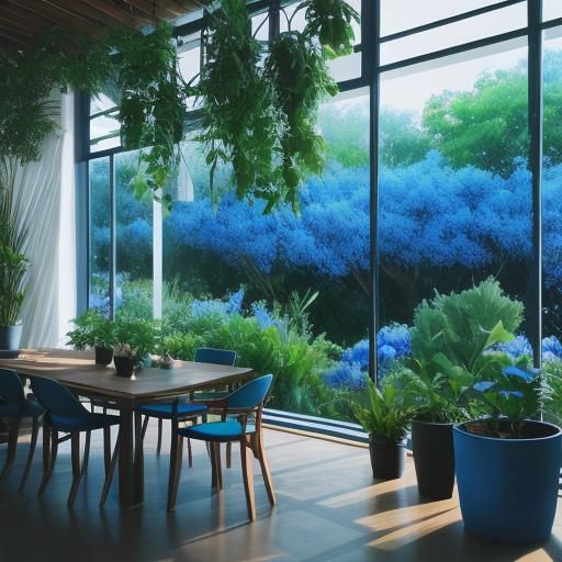 Blue Modern Dining Room with Plants, Professional Photograph...